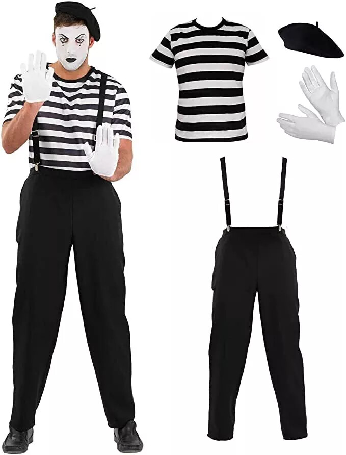Men`s Mime Artist Costume + Braces M L XL Adult French Circus Carnival Halloween