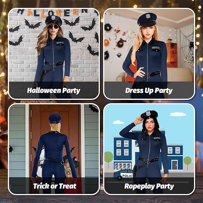 Police Costume Adult Women Cop Costume Jumpsuit with Hat for Halloween Cosplay D
