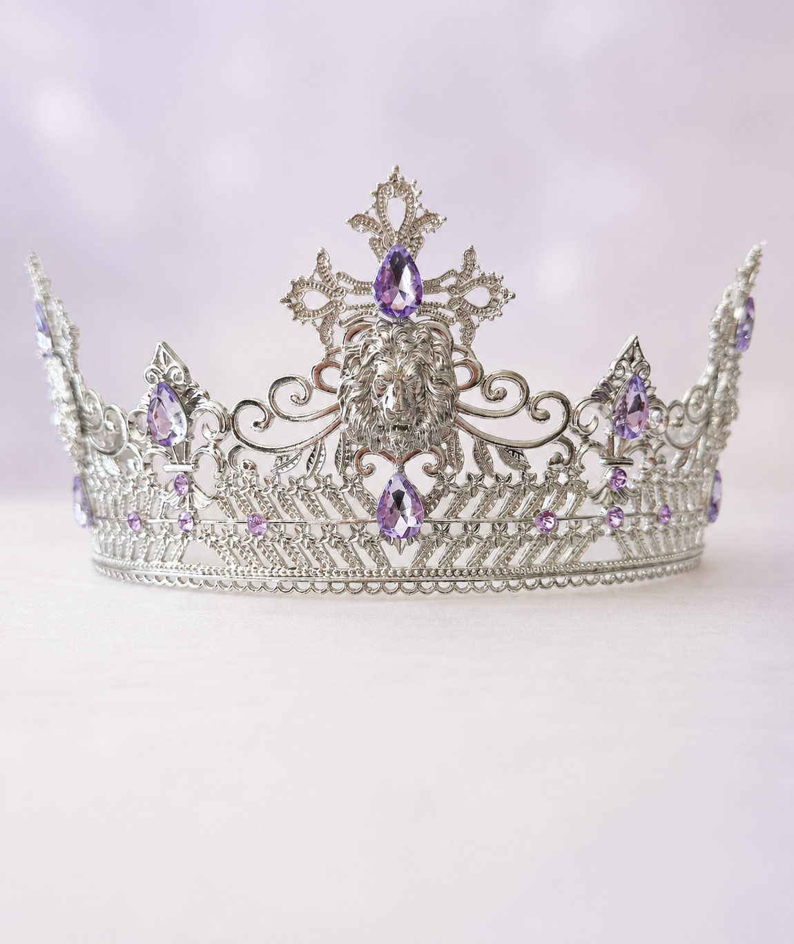 Silver Lion King Crown Purple Crystal Medieval Renaissance Royal Cosplay Tiara