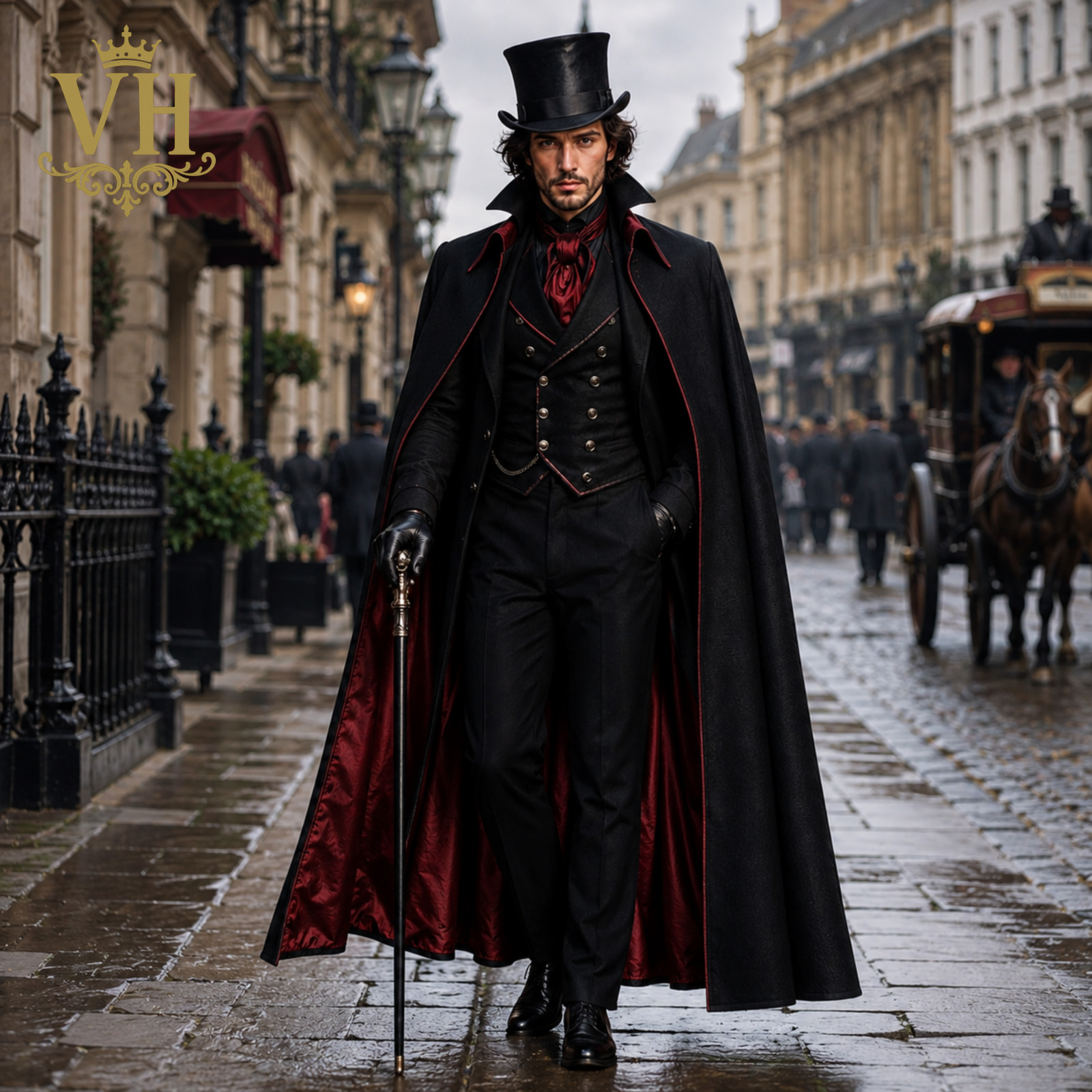 Men’s Victorian Black Wool Cape Gothic Cloak Steampunk Vampire Halloween Coat