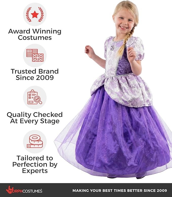 Girls Purple Royal Ball Gown Dress Kids Deluxe Princess Queen Costume Halloween