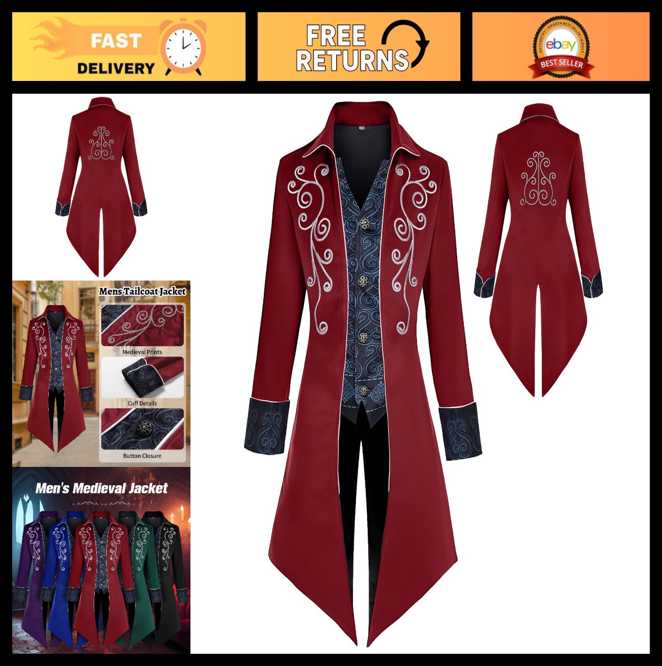 Men’s Medieval Steampunk Jacket, Victorian Gothic Tailcoat, Pirate Vampire Costu