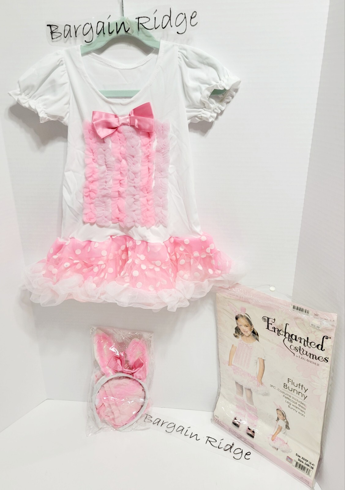 Easter Bunny Costume Petticoat Dress, Leg Warmers, Bunny Ears, XS (3T-4T)