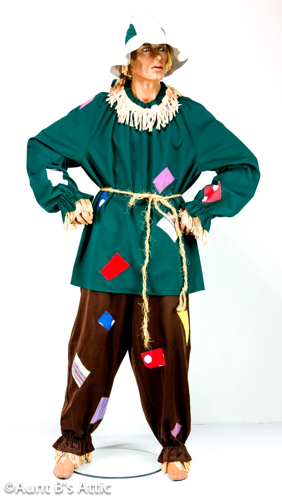 Scarecrow Costume Adult Handmade 5 Pc Br Pants Gr Shirt Collar Belt & Hat XL-XXL