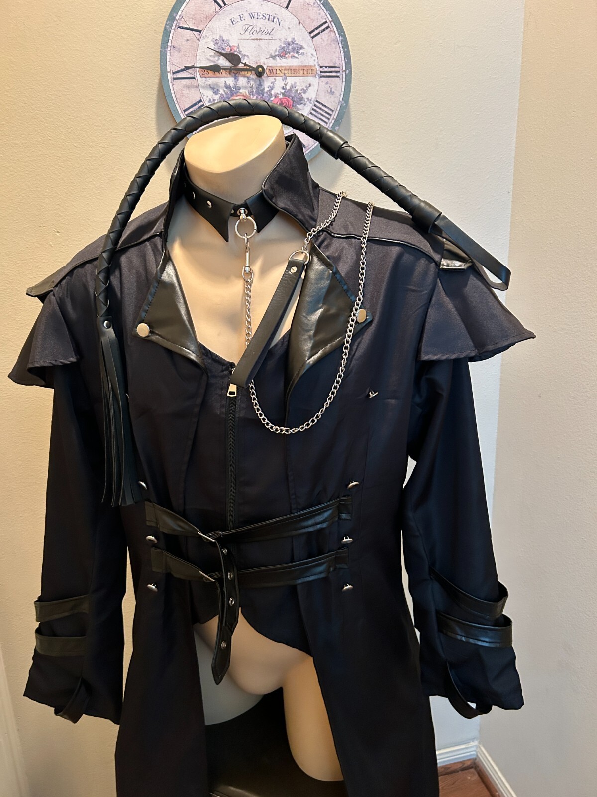 Black Fetish Costume Steampunk Medieval Gothic collar with chain lash leather