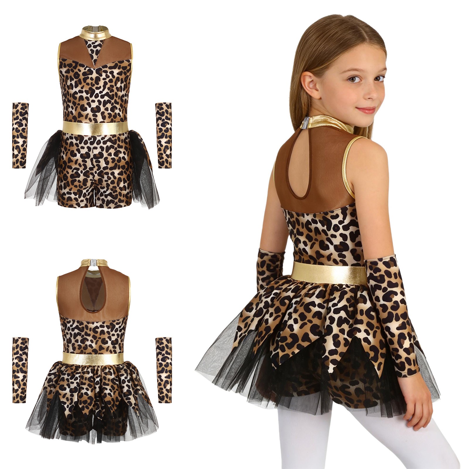 US YiZYiF Girls Caveman Outfits Metallic Dance Bodysuit +Gloves Cavegirl Sparkle