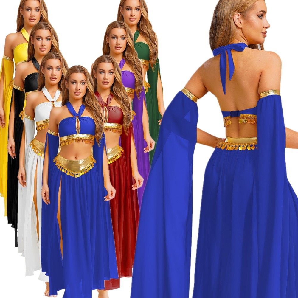 US Women Sexy Arabian Princess Belly Dance Halter Bra Top +Split Skirts +Sleeves