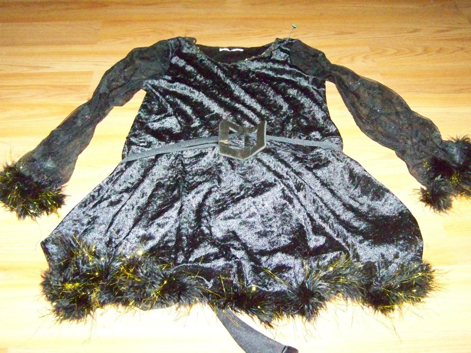 Size Medium / Large Witch Halloween Costume Dress Black Velour Feather Trim Gold