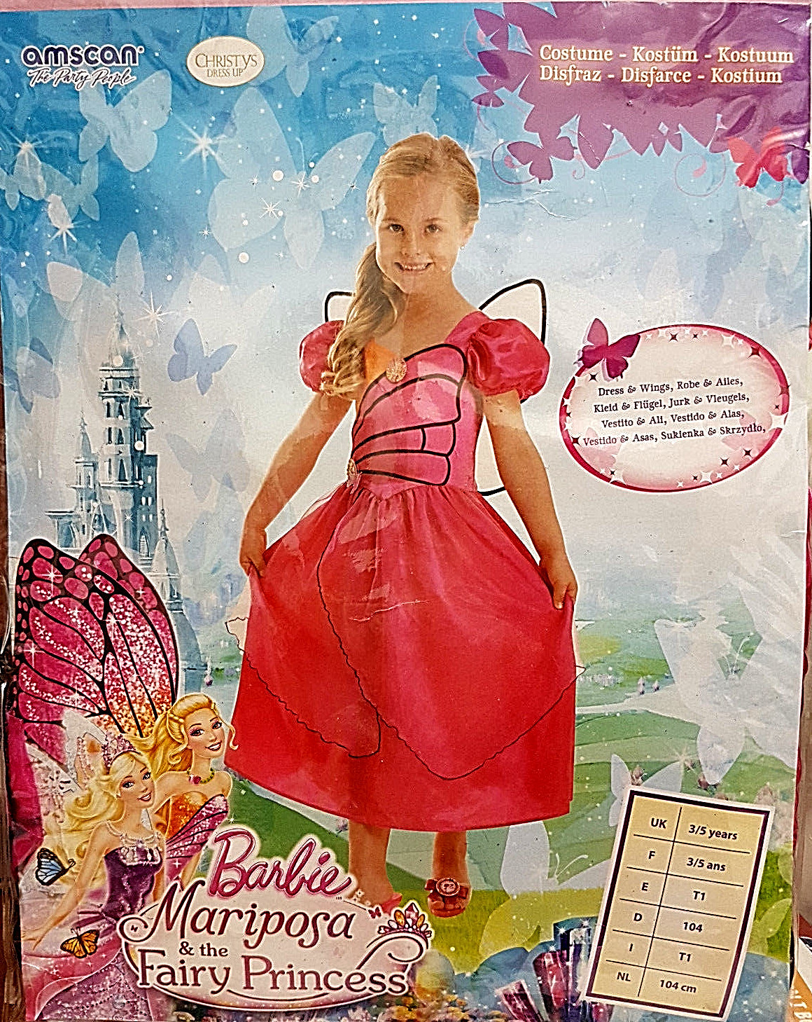 Barbie Mariposa & Fairy Princess Dress Carnival Costume 3-5 Ages 40 7/8in New