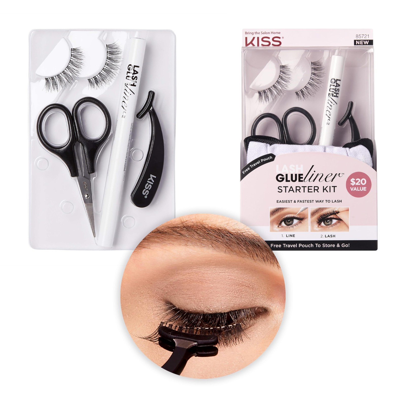 Set of 2 KISS Lash GLUEliner Starter Kit, 5 Piece Set, Clear, 1 Pair Of Lashes