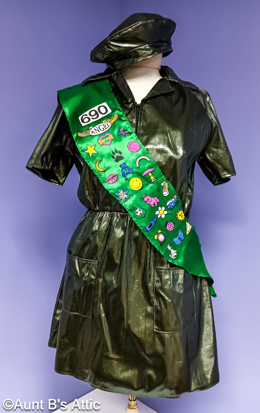 Sexy Scout Ladies Green Poly Vinyl Zip Front Dress W/ Satin Sash & Beret OS