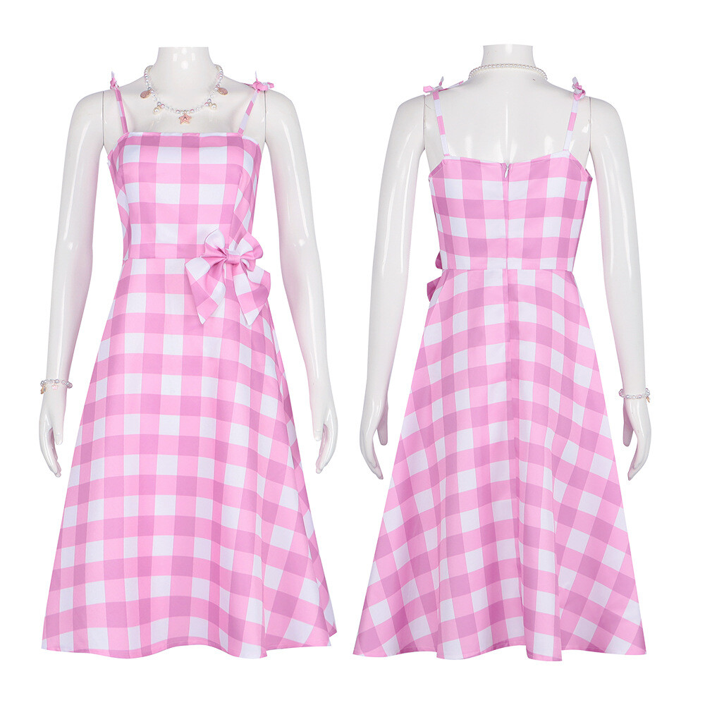 Barbie Girl Pink Plaid Margot Robbie Princess Dress Costume Halloween Cosplay