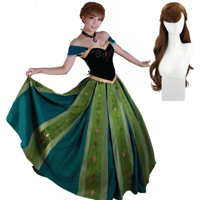 Princess Anna Cosplay Costume Women Carnival Party Dress Necklace Suit Anna Wig