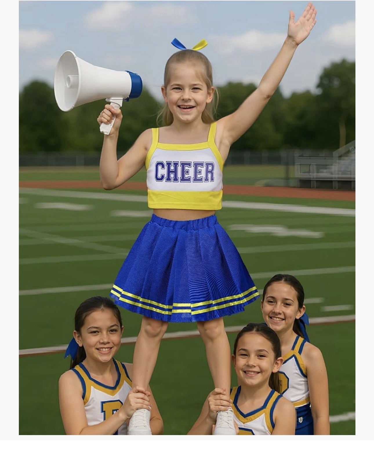 JenPen Girls M Cheerleader Outfit Costume Top Skirt Bows Pop Poms Blue Yellow