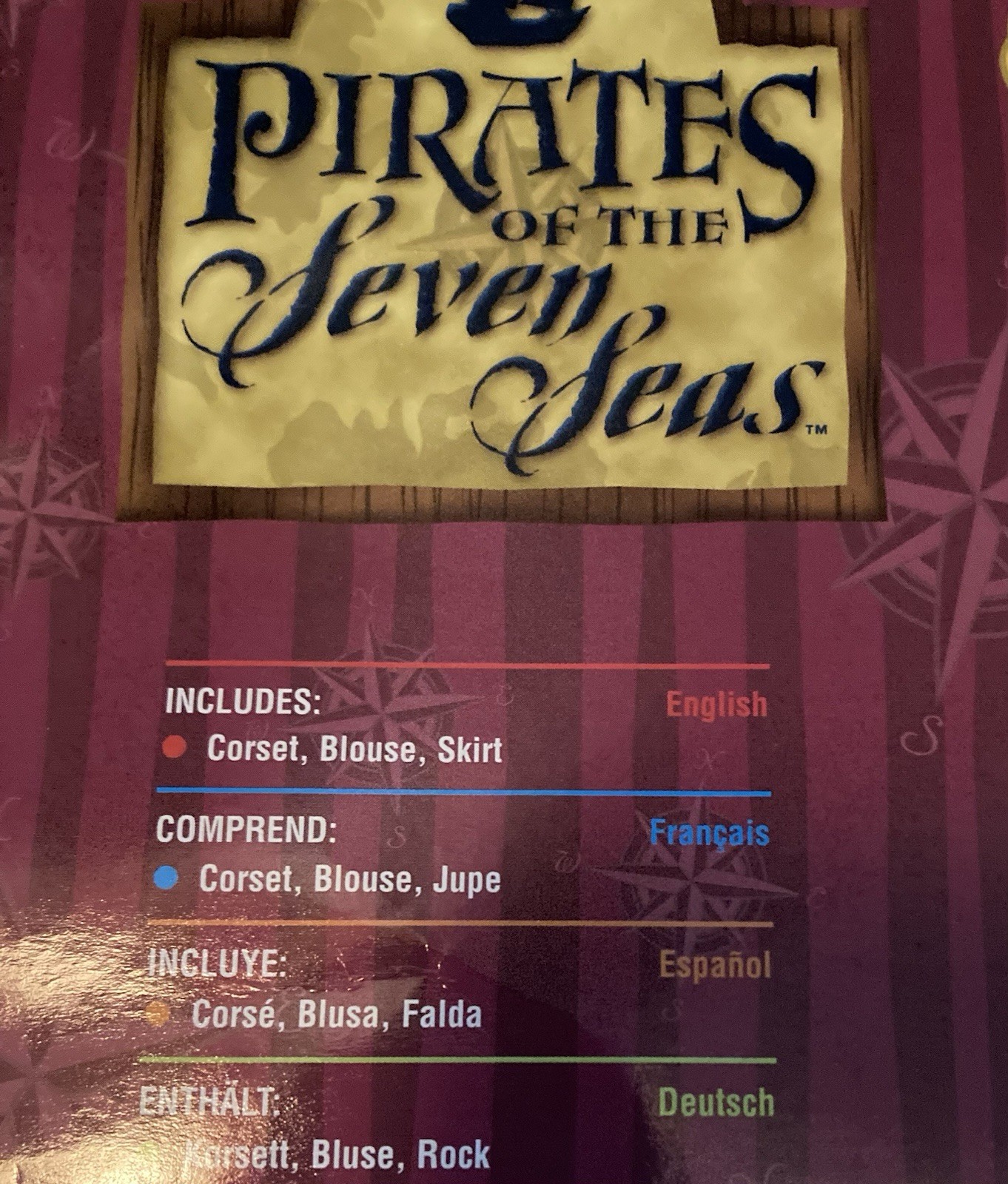 Pirates of the Seven Seas Pirate Wench Costume Set One Size Corset Blouse Skirt
