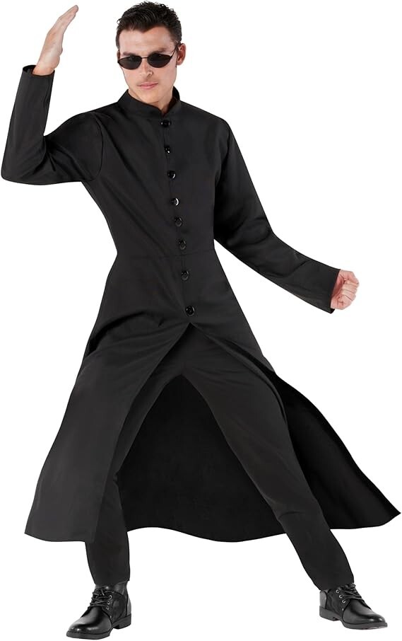 Men`s The Matrix Costume Adult Black Neo Coat & Glasses Spy Assassin Halloween