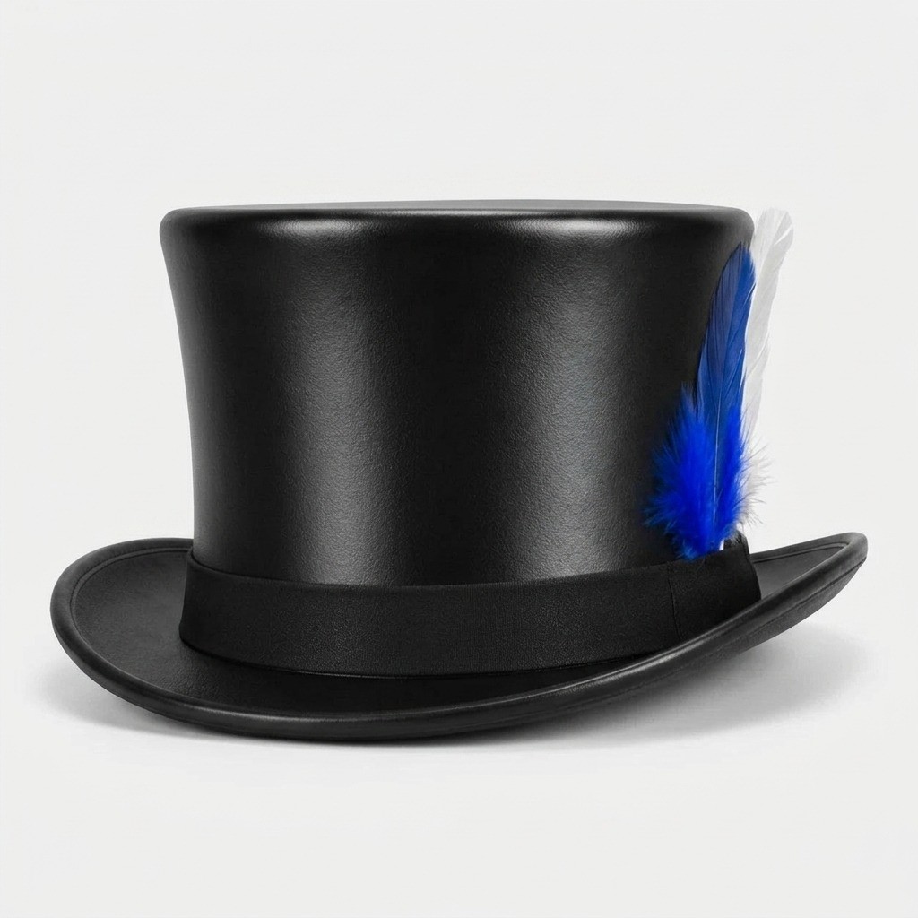 Steampunk Gothic Top Hat Black Faux Leather Blue White Feather Costume Cosplay