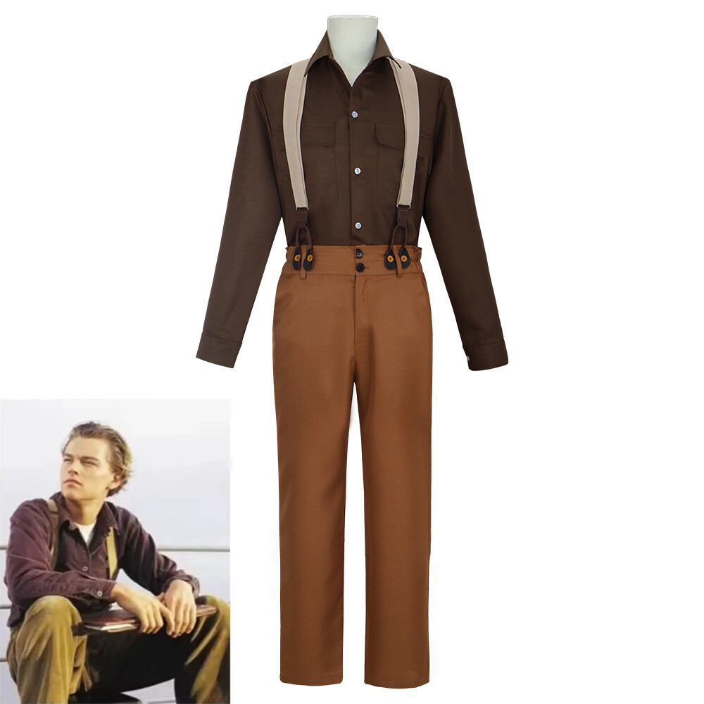 Titanic Cosplay Jack Dawson Costume Halloween Uniform Bib Pants Shirt Full Set