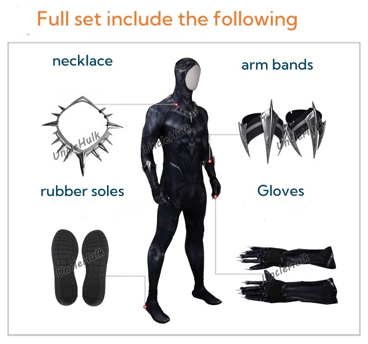 Black Panther T’Challa Battle Suit Costume Halloween Cosplay Jumpsuit No Mask