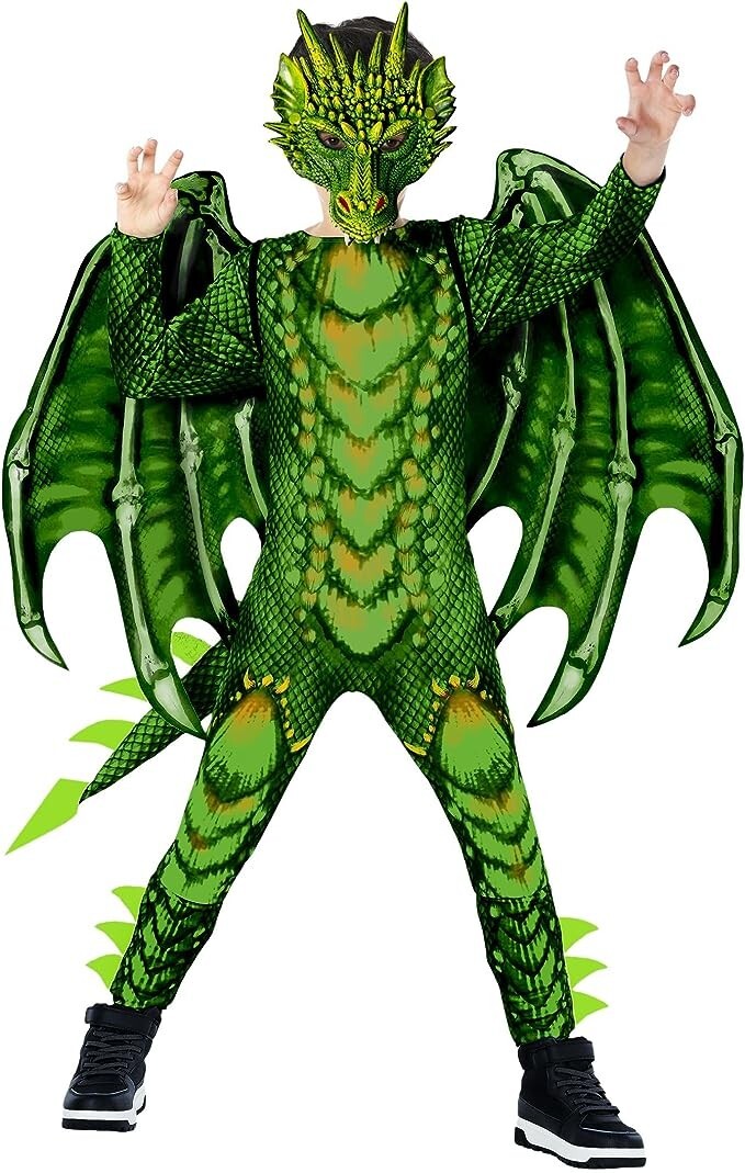 Deluxe Boys Green Dragon Costume with Wings Mask Kids Halloween Suit 4 – 14 yrs