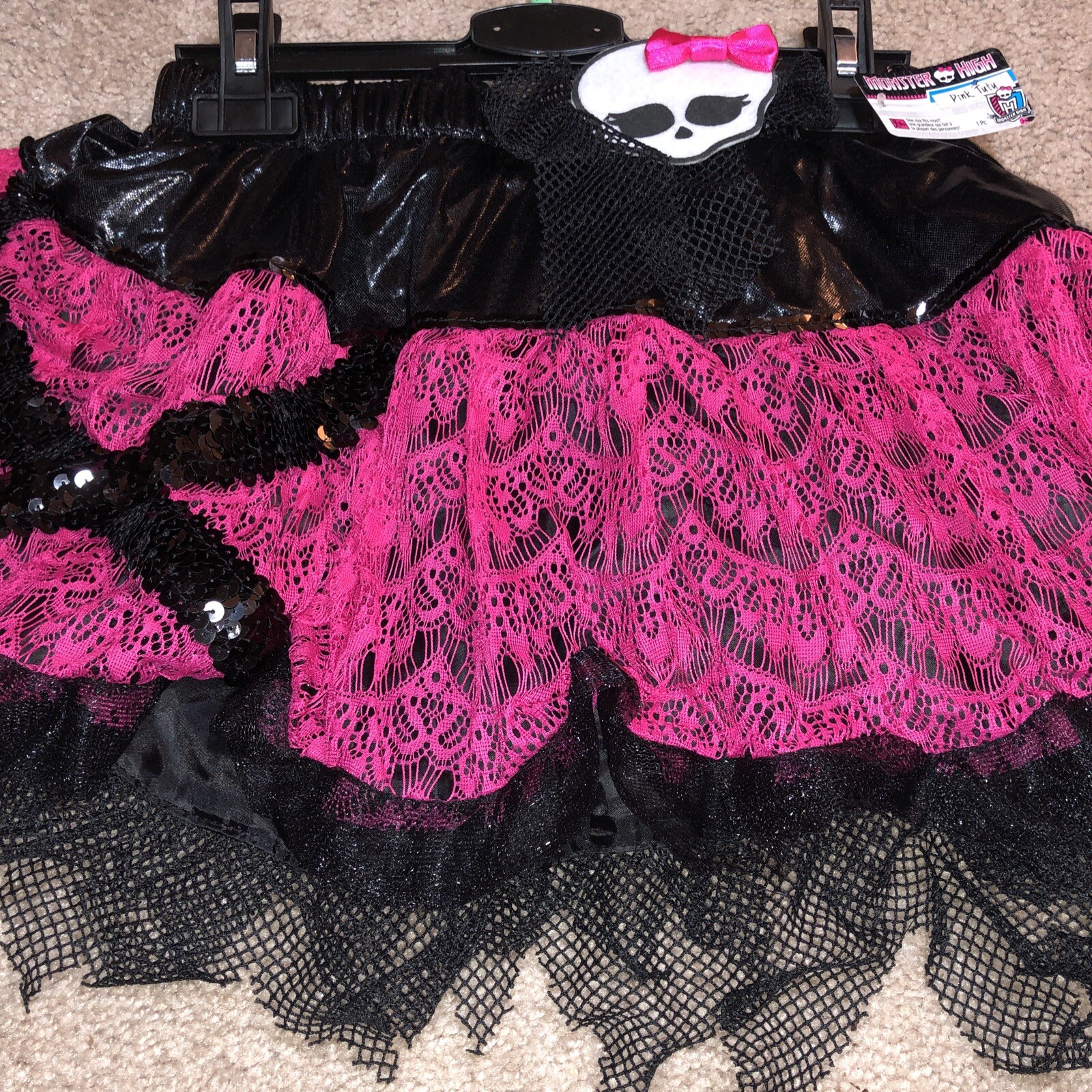 Monster High Girls Skirt Tutu Costume Skull with Bow Black Pink Sequin