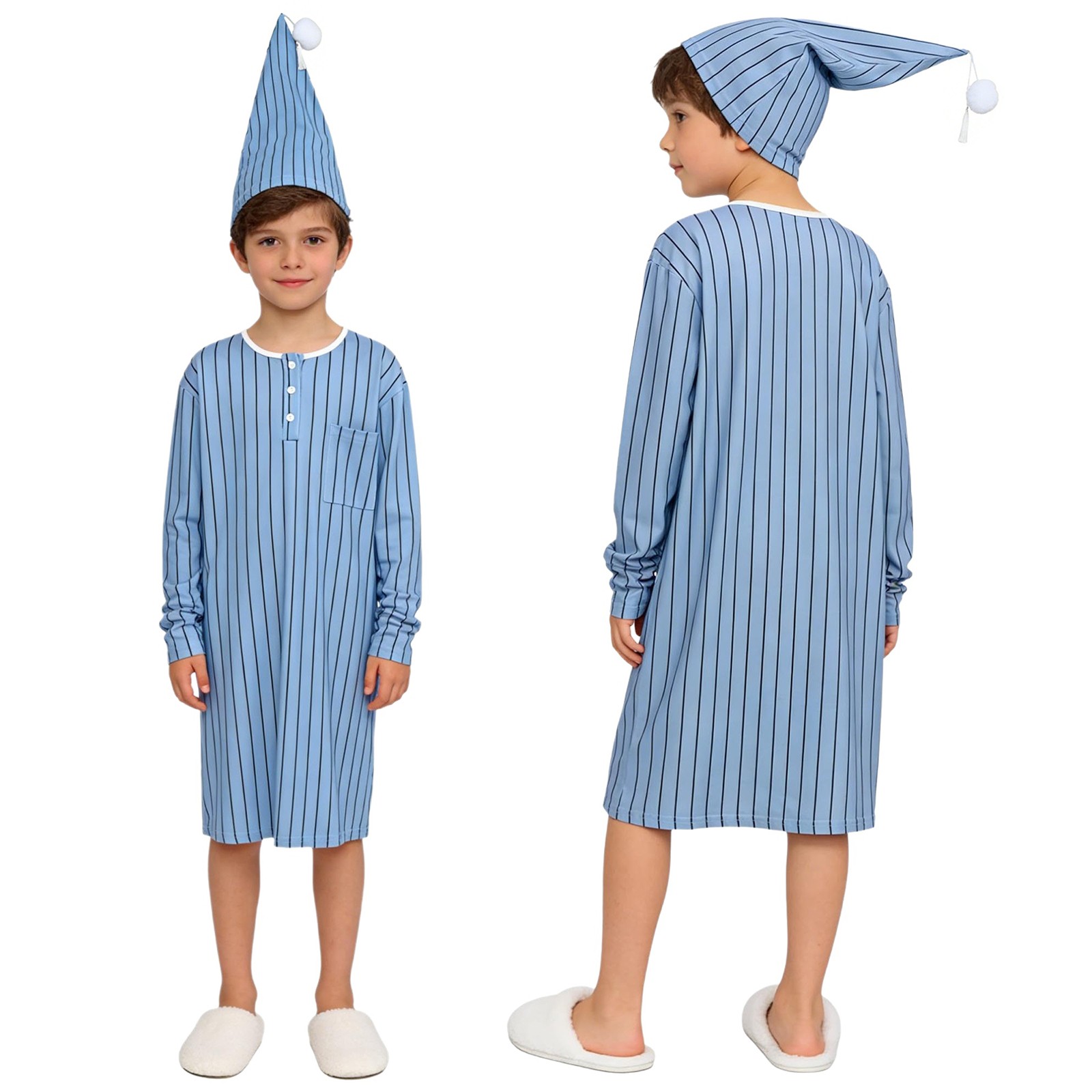US Kids Boys Stripe Long Sleeve Loose Homewear Adjustable Sleep Pompom Cap