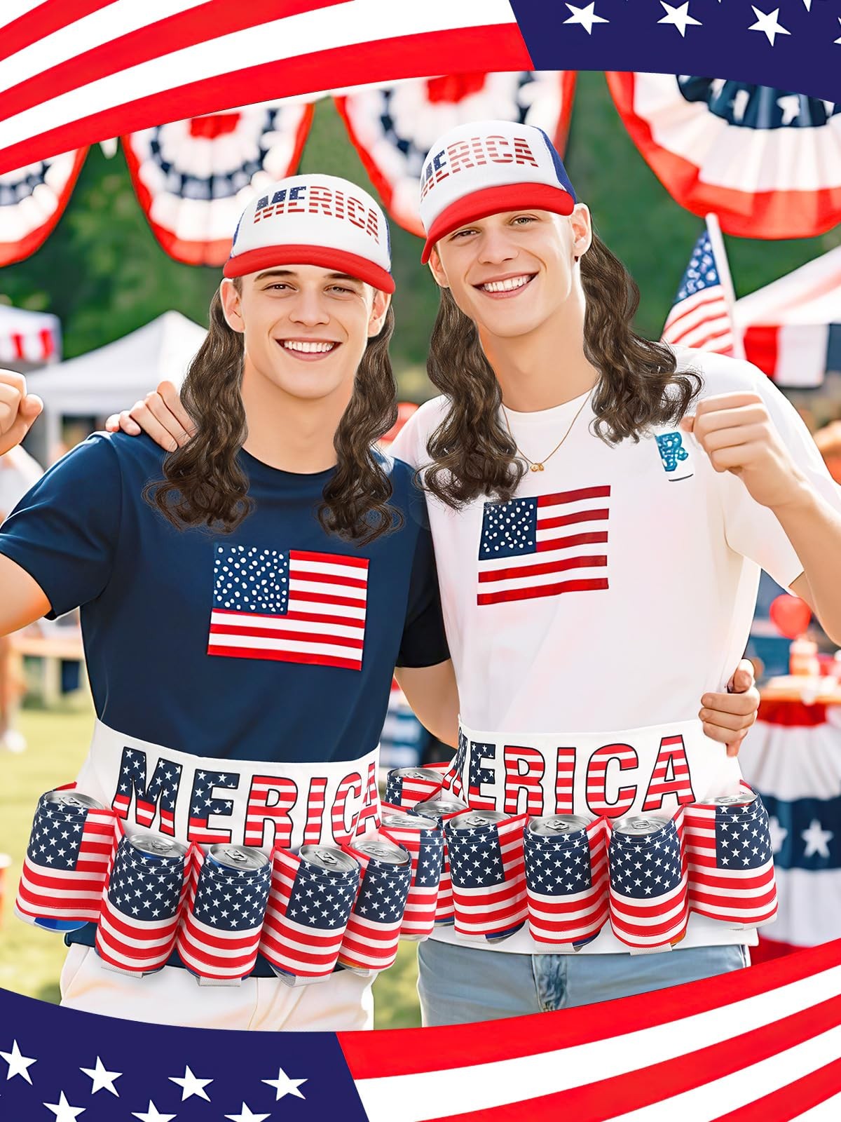 2 PCS 4th of July Patriotic Beverage Beer Belt Holder Mullet Headband Wig