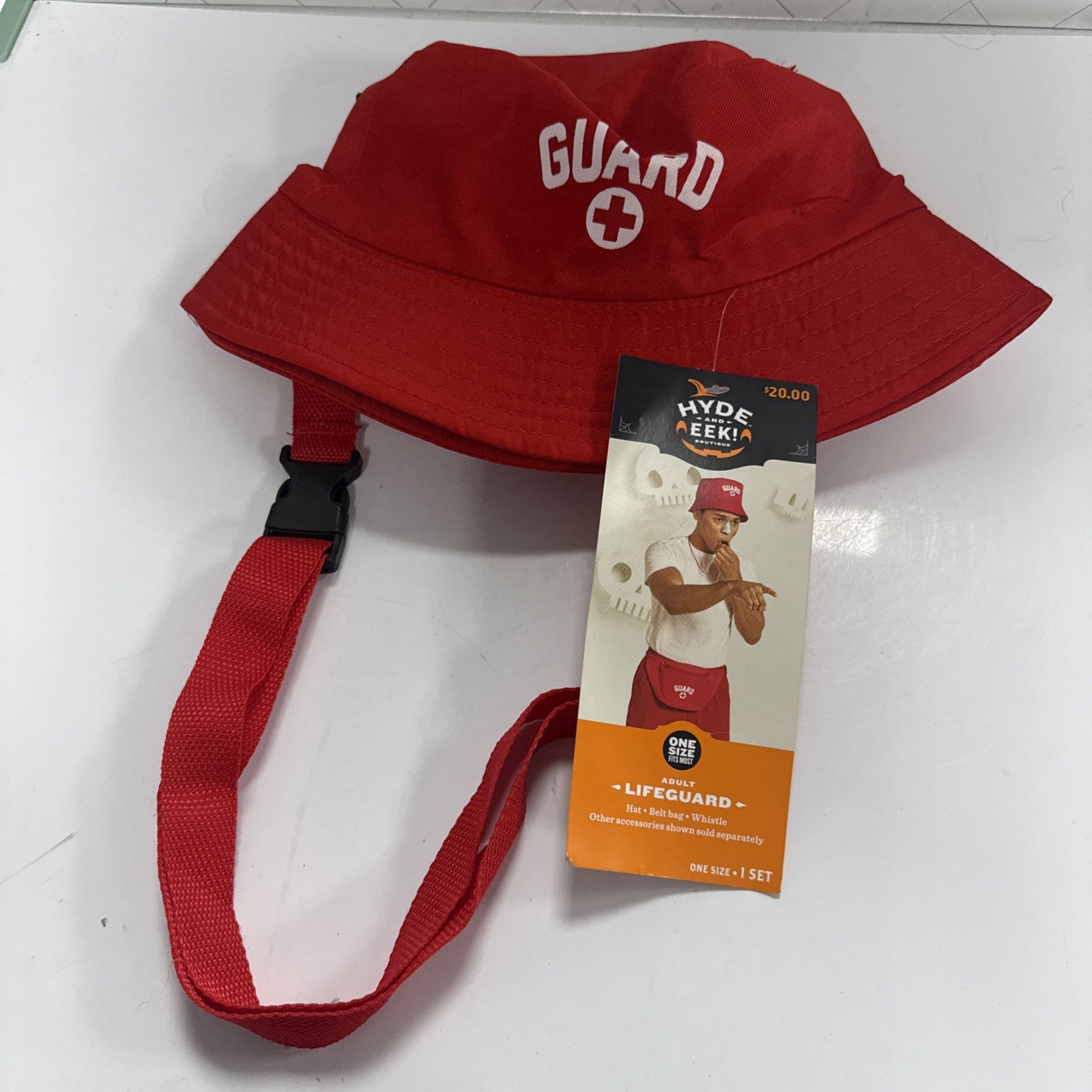 Adult Lifeguard Halloween Costume Kit Red Bucket Hat Belt Bag Whistle One Size