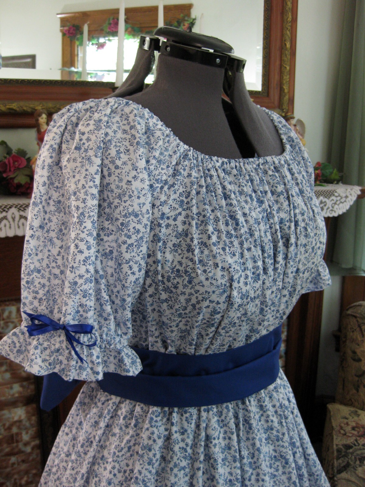 Civil War, Victorian, Trek, Western, Pioneer Dress-Petite Blue Floral Soft White