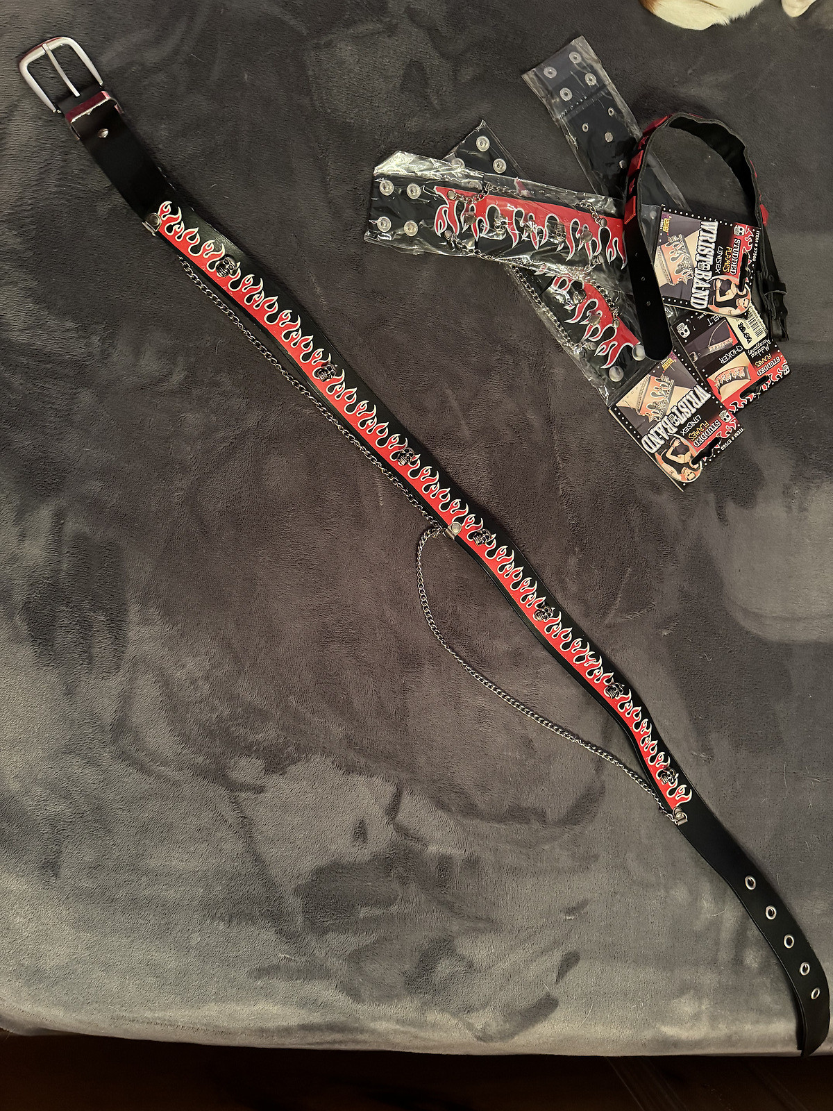 Punk Rock Biker Flame Studded Skull Wristbands, Chain Belt, Choker Costume
