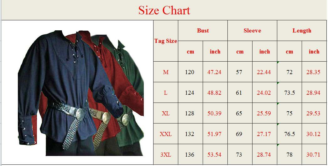 Mens Medieval Renaissance Pirate Shirt 18th Century Long Sleeve T-Shirt Cosplay
