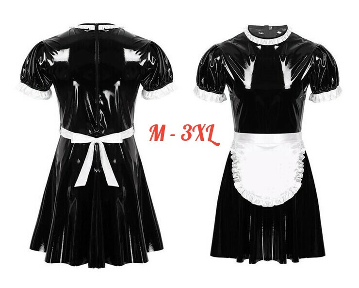 Latex French Maid costume wet leather Puff Sleeve Female Male outfit