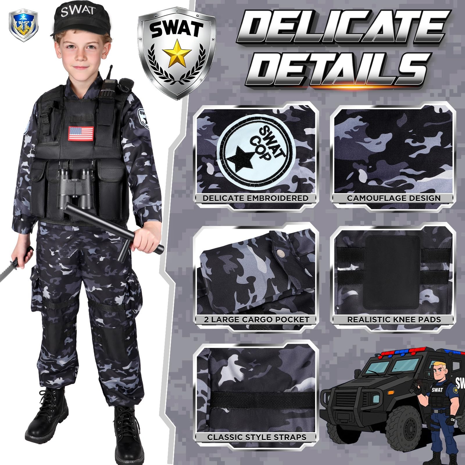 Luucio SWAT Police Costume for Kids, Kids Police Officer Costume for Boys wit