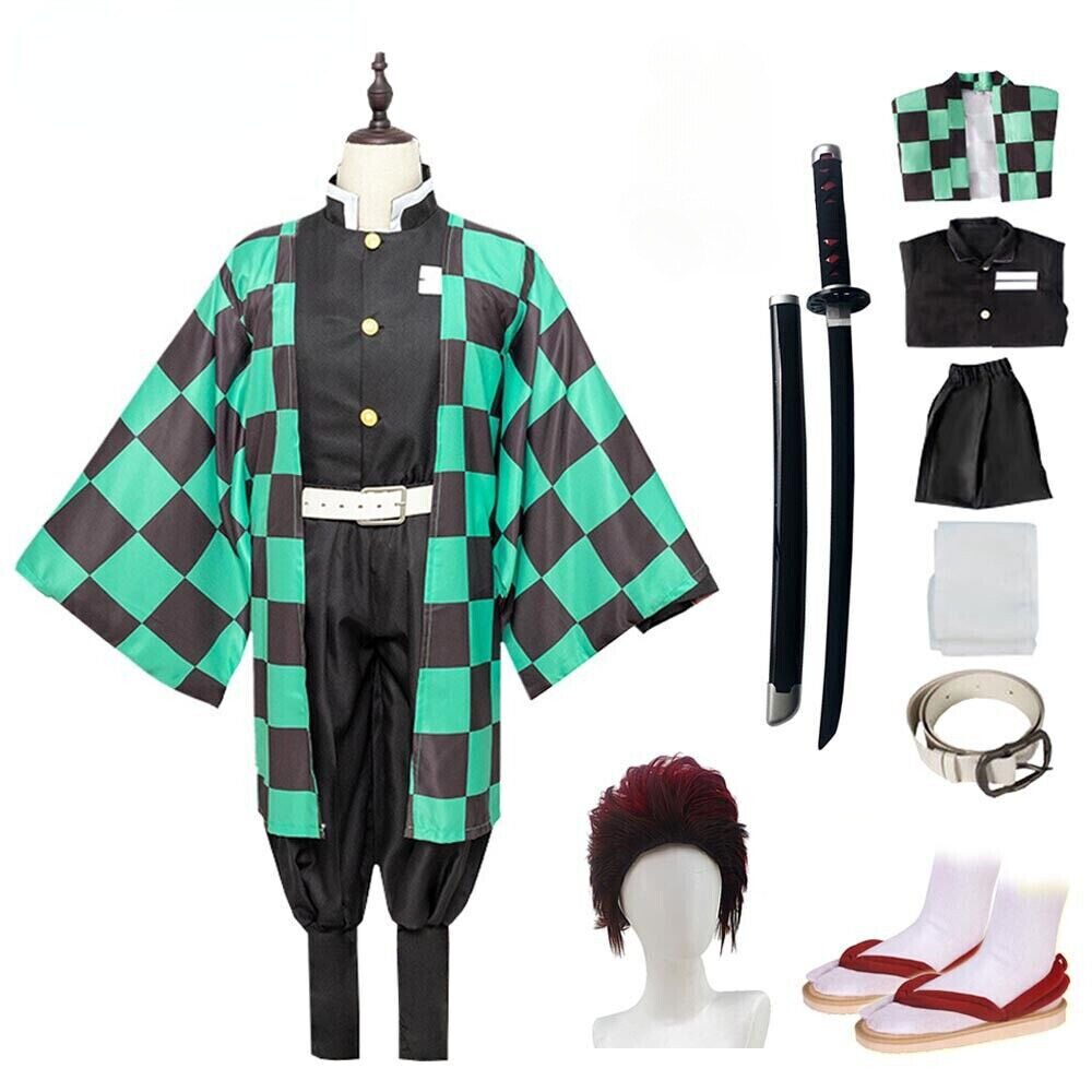 Adult Hallowen Outfit Tanjiro Shinobu Cosplay Costume Kimono W/ Wig Shoes Sword