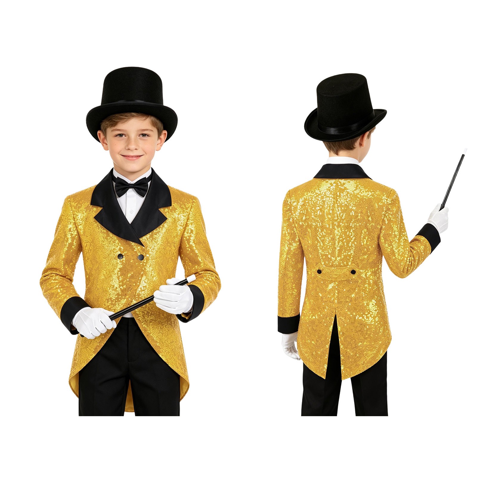 US Boys Tuxedo Jacket Blazer with Hat Gloves and Wand Circus Magic Shows Coat
