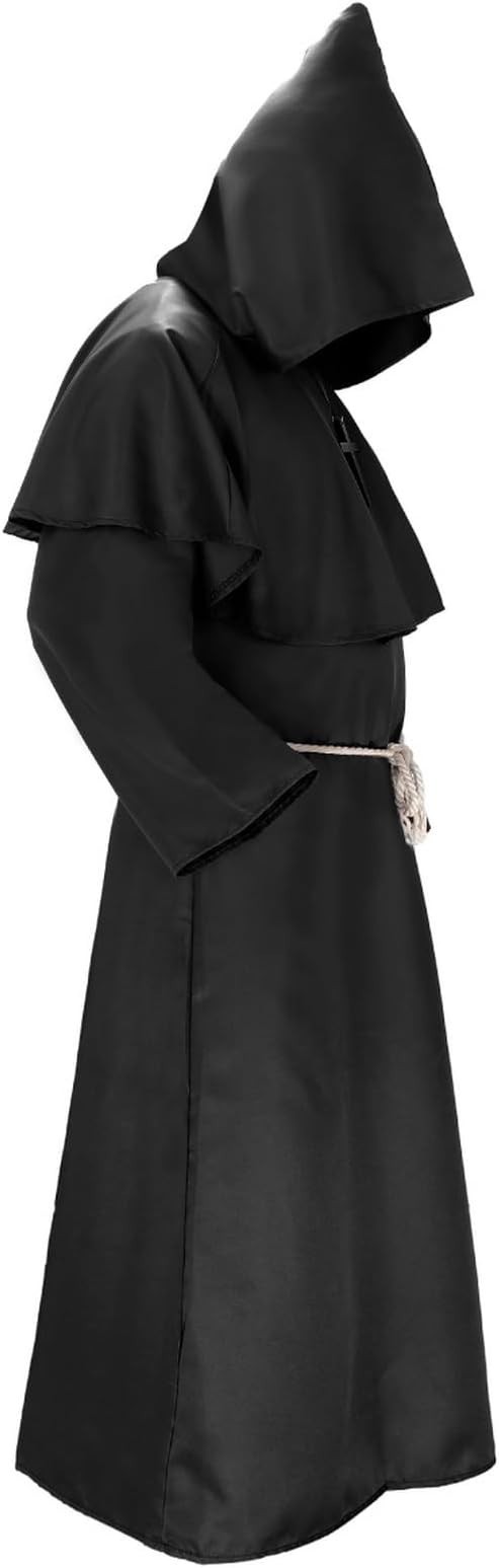 Adult Friar Medieval Hooded Monk Renaissance Priest Robe Costume Cosplay Black