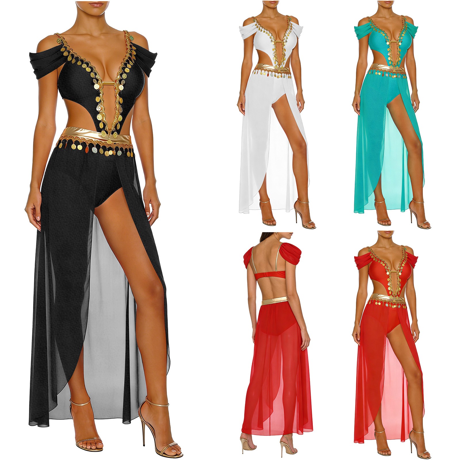 Women Sequin Tassel India Dance Costume Cutout V Neck Open Front Belly Bodysuit