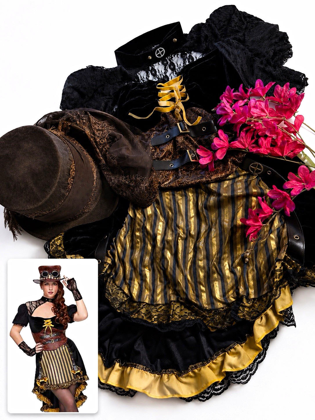 California Costume Collections Steampunk Outfit Dress L Black/Gold/Brown