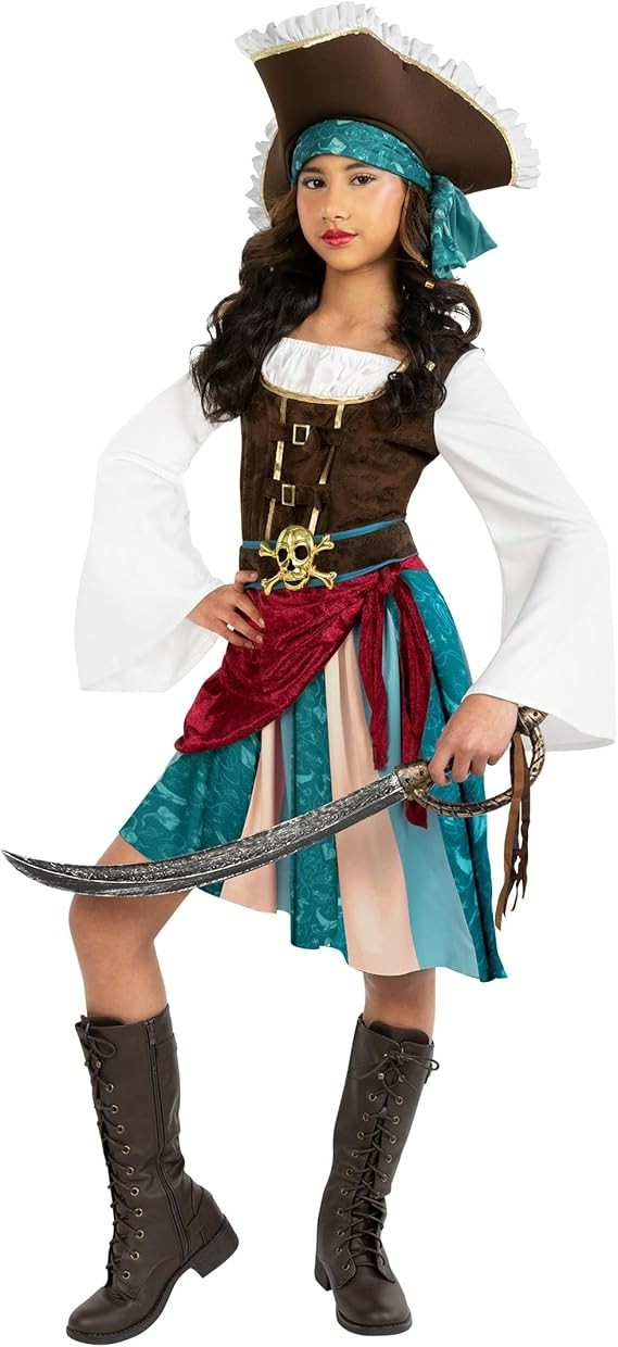 Girls Pirate Captain Costume Kids Caribbean Buccaneer Dress & Hat 4 – 14 Yrs