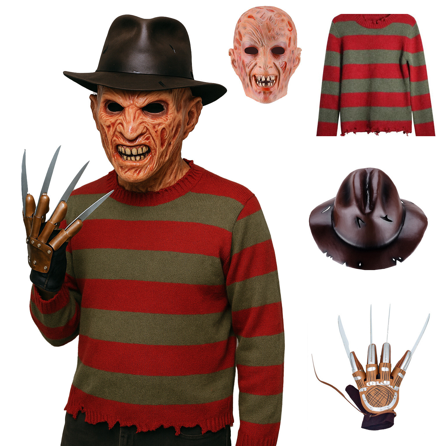 Adult Nightmare on Elm Street Freddy Krueger Costume Set Hat Claw Mask & Sweater