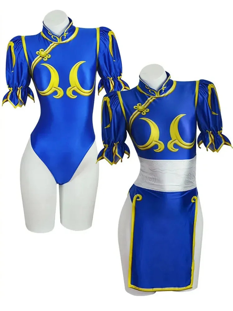 Chun-Li Cosplay Blue Cheongsam Bodysuit Headwear Halloween Costume