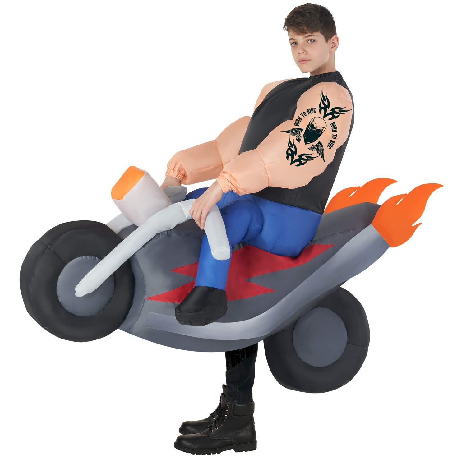 Kids Inflatable Biker Gang Ride On Boys Hell`s Angel Rider Halloween Costume