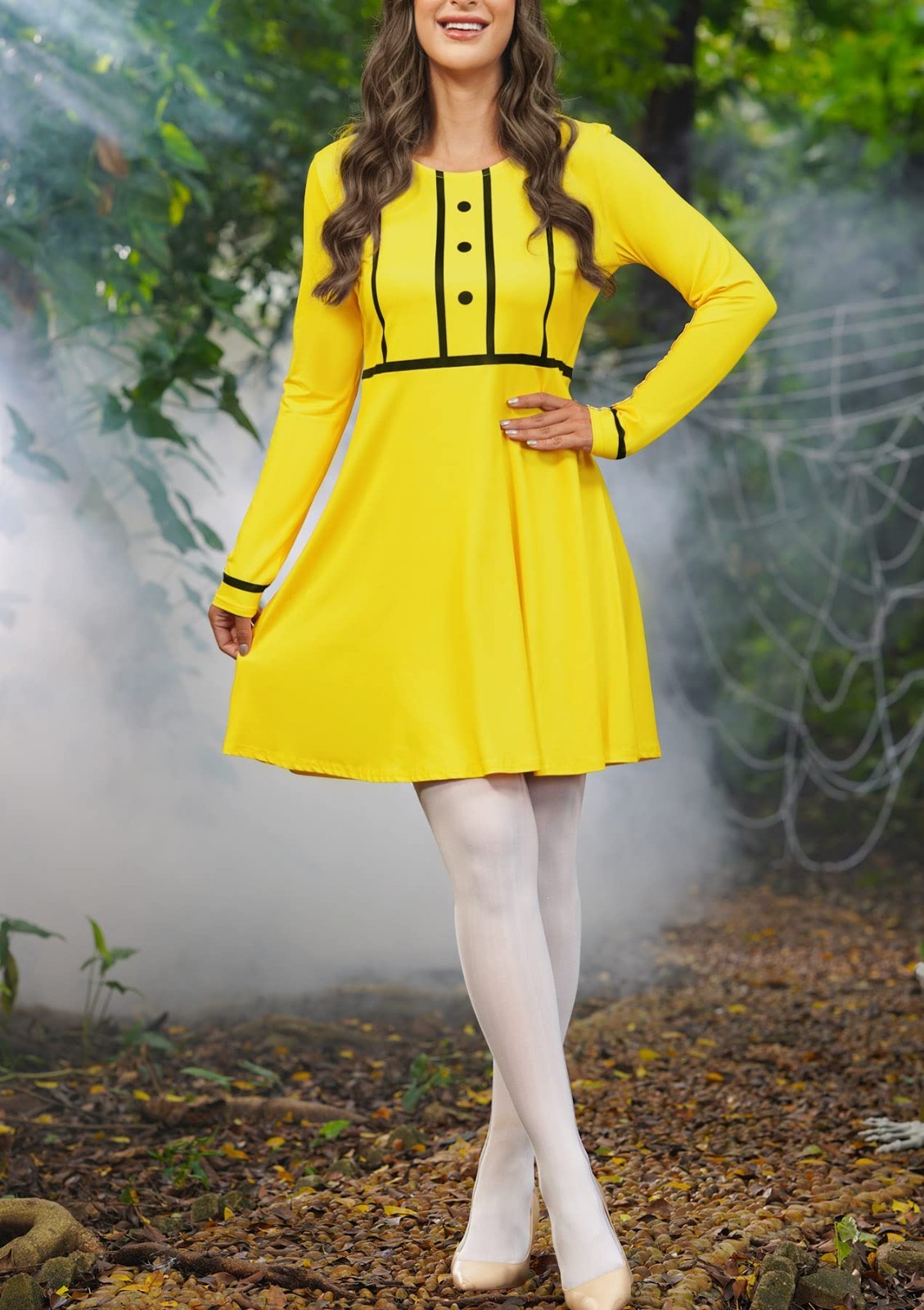 Women’s Halloween Costume Long Sleeve Yellow Mini Dress for Cosplay & Parties S-