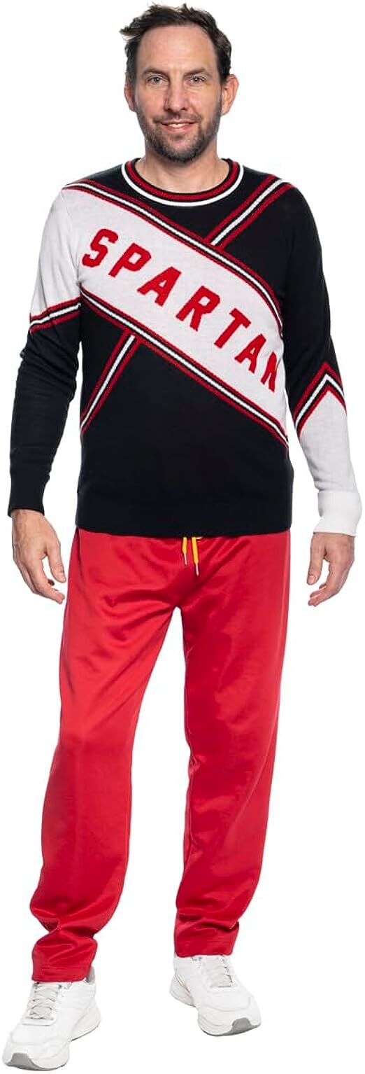 Adult Mens Spartan Cheerleader Costume Sweater Pants Halloween Cosplay Party
