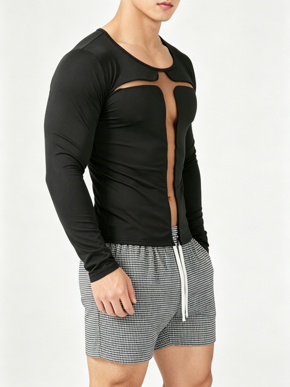Men T-shirt Long Sleeve Sexy Casual Tops Slim Fit Tees Cross Shaped Perspective