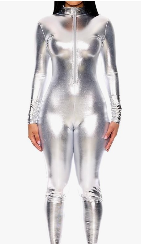 Forplay Hot Metallic Zip Front Mock Neck Catsuit Silver 1X/2X NWT Costume