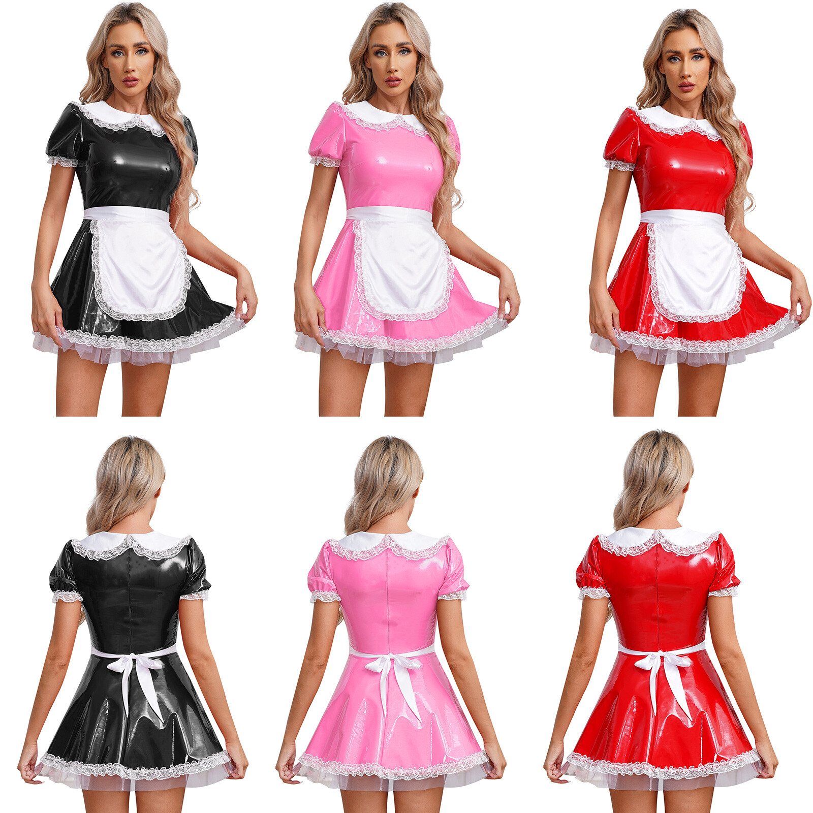 Womens French Maid Costume Metallic Uniform Doll Collar Servant Dress Lace Club