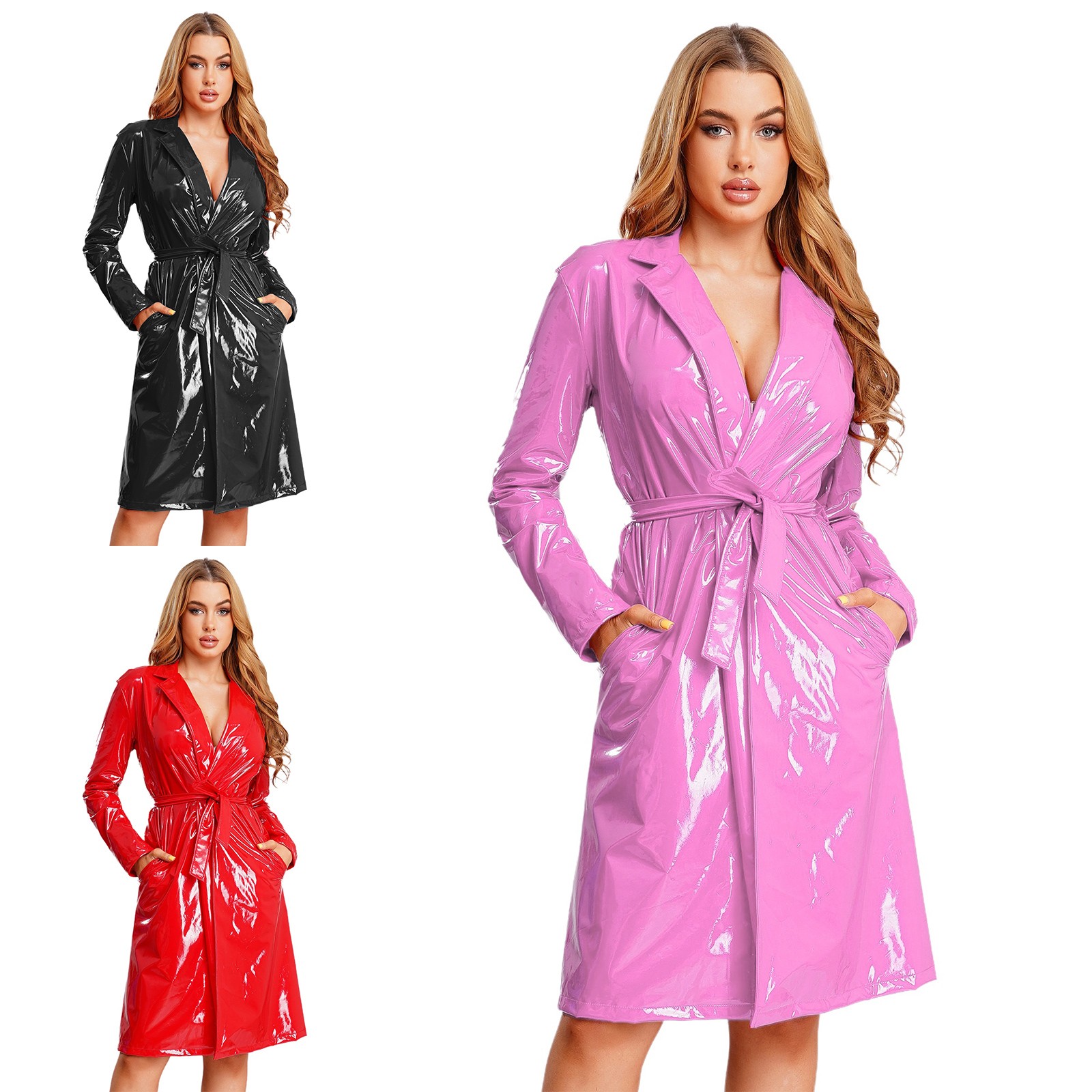 US Womens Long Leather Jacket Wet Look Lapel Long Sleeve Open Front Trench Coat