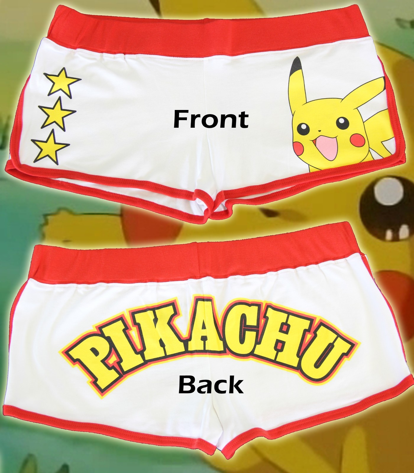 Womens TV Show Pokemon Cute Pikachu Pokeball White Red Stars Booty Short Shorts