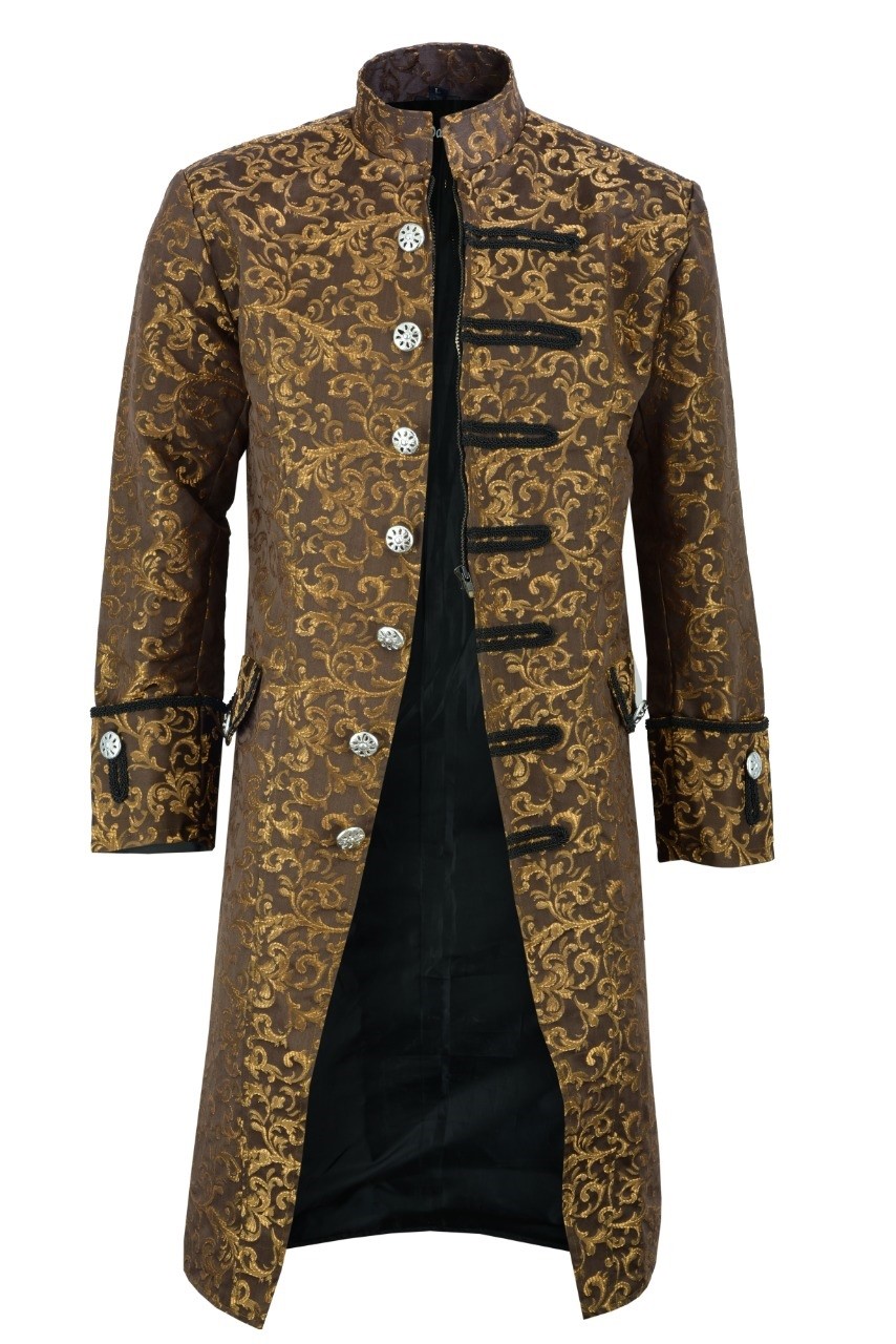 Renaissance Men’s Gold Brocade Goth Steampunk Victorian Velvet Frock Coat/USA
